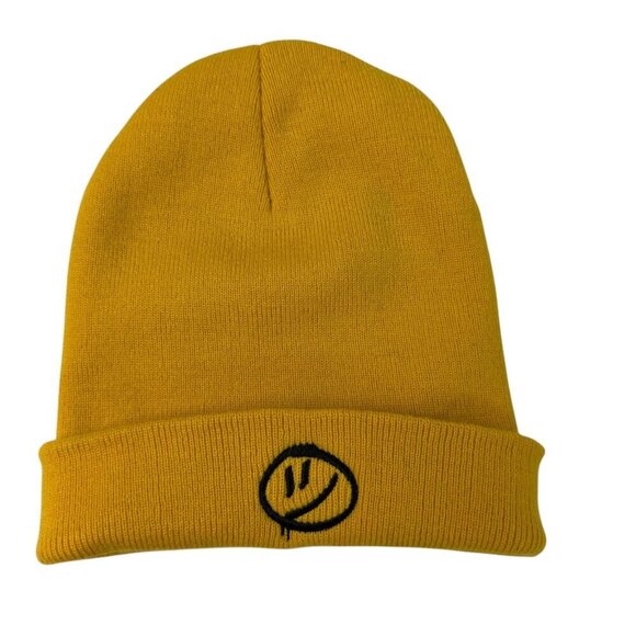 The Unbranded Brand Other - Yellow Knit Beanie with Smiley Face Embroidery – Unisex Adult